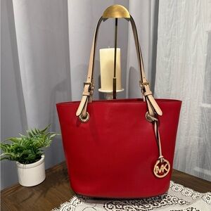 Michael Micheal Kors Jet Set Crimson Red Saffiano leather Tan Handles Tote Satch